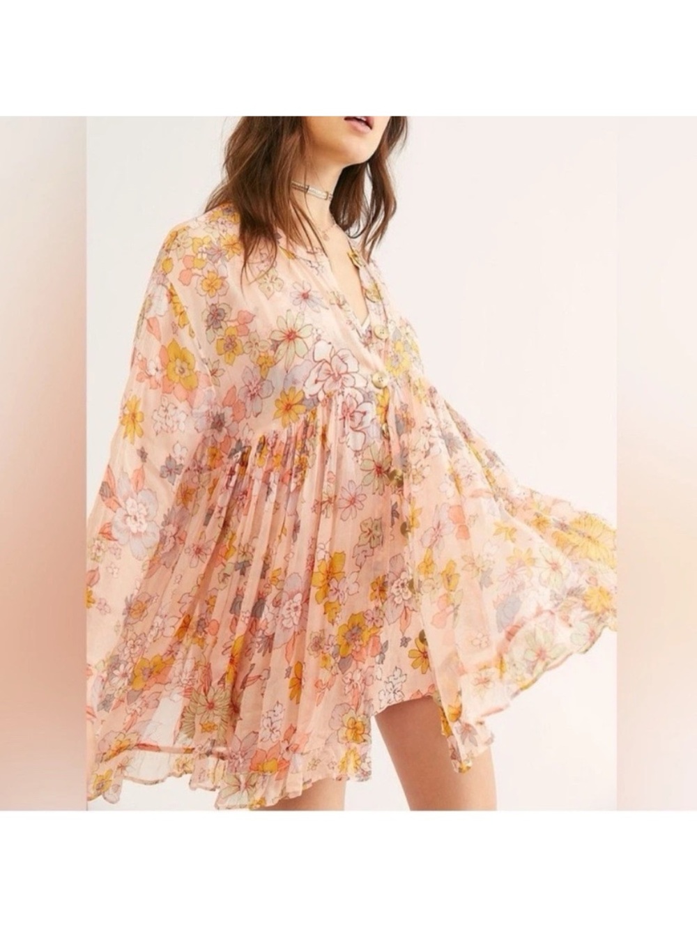 Free People Peach Floral V-Neck Tiered Long Sleeve Mini Dress